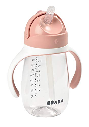 BÉABA Vaso de Aprendizaje con Boquilla para Bebe, Biberón 100 % hermético, Taza Antigoteo con pajita, Antiderrame, 2 en 1, Asas extraíbles, Resistente, Tritan y silicona, 300ml, Rosa