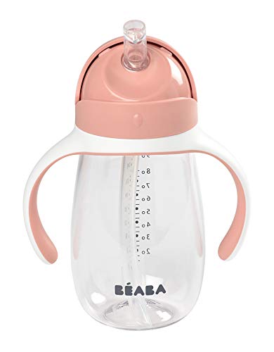 BÉABA Vaso de Aprendizaje con Boquilla para Bebe, Biberón 100 % hermético, Taza Antigoteo con pajita, Antiderrame, 2 en 1, Asas extraíbles, Resistente, Tritan y silicona, 300ml, Rosa