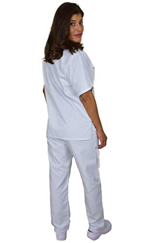 BeBright Uniformes Sanitarios Mujer y Hombre, Pijama Médico Blanco, Casaca y Pantalón Enfermera (Blanco, XL)