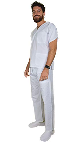 BeBright Uniformes Sanitarios Mujer y Hombre, Pijama Médico Blanco, Casaca y Pantalón Enfermera (Blanco, XL)