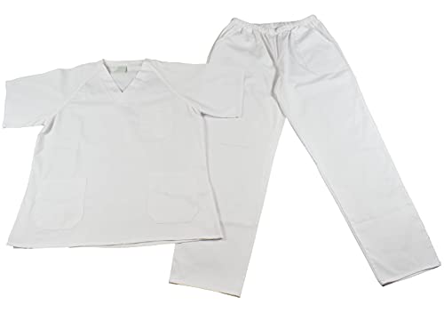 BeBright Uniformes Sanitarios Mujer y Hombre, Pijama Médico Blanco, Casaca y Pantalón Enfermera (Blanco, XL)