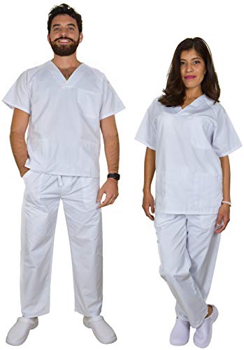 BeBright Uniformes Sanitarios Mujer y Hombre, Pijama Médico Blanco, Casaca y Pantalón Enfermera (Blanco, XL)