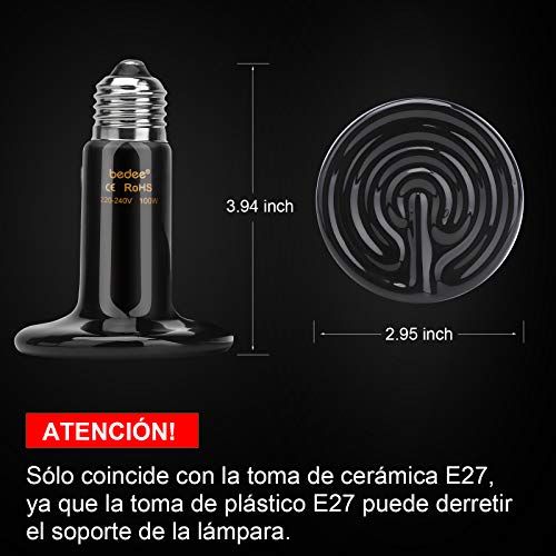 bedee 2 Unidades Bombilla Calor, Bombilla de Ceramica Reptil 100W, Lámpara de Calor Infrarrojo de Cerámica, Bombilla Ceramica Calor Lampara para Tortuga, Serpiente, Lagartos, Pollos, E27, Negro