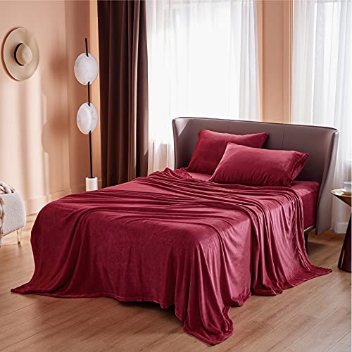 Bedsure Sabanas Coralina 150 Invierno - Juego Sábanas 150 x 190 Franela 4 Piezas, Sabanas Polar Termica Cama 150, Sabana Bajera Ajustable 150x200 con Encimera, Rojo