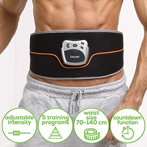 Beurer EM 35 Electroestimulador EMS Cinturón Abdominal,5 programas de entrenamiento, 4 electrodos agua sin necesidad de geles ni recambios, pantalla LCD, 75-140cm cintura