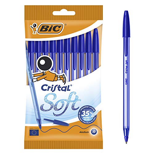 BIC Cristal Bolígrafos, Soft, Azul, Óptimo para material escolar,Punta Media (1.2mm), 10 unidades