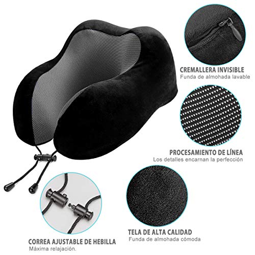 BICASLOVE Almohada de Viaje,Viscoelástica de Espuma de Memoria,Almohada de Cuello,Almohada Ortopédica Cervical,con Máscara de Ojos,Tapones y Bolsa con Cordón,para el Uso del Avión y el Hogar(Negro)