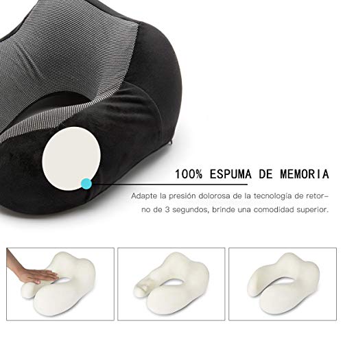 BICASLOVE Almohada de Viaje,Viscoelástica de Espuma de Memoria,Almohada de Cuello,Almohada Ortopédica Cervical,con Máscara de Ojos,Tapones y Bolsa con Cordón,para el Uso del Avión y el Hogar(Negro)