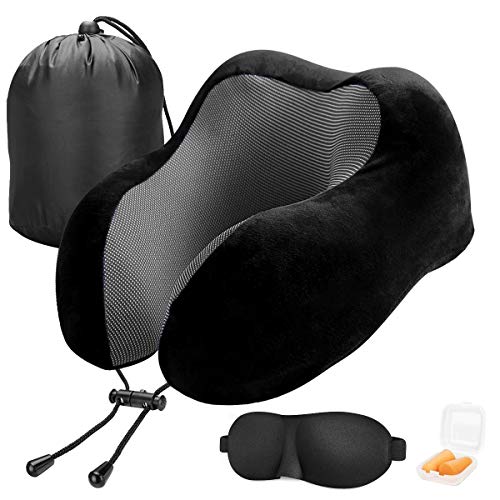 BICASLOVE Almohada de Viaje,Viscoelástica de Espuma de Memoria,Almohada de Cuello,Almohada Ortopédica Cervical,con Máscara de Ojos,Tapones y Bolsa con Cordón,para el Uso del Avión y el Hogar(Negro)