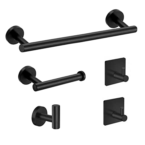 Biziein Juego de Accesorios de Baño de Acero Inoxidable 5 Piezas , Soporte de Toalla de baño montado en la Pared, 1 Barra de Toalla, 1 toallero de Papel, 3 Ganchos para Albornoz(Negro)