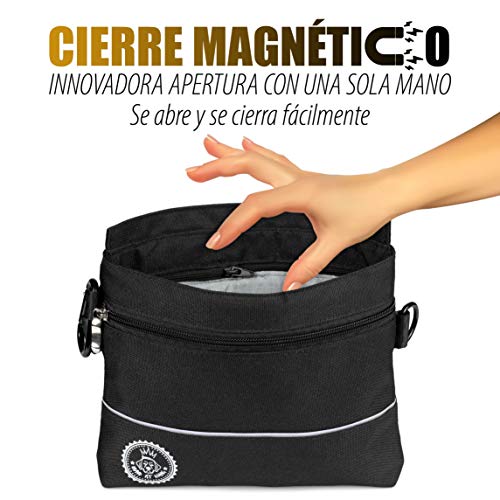 Bolsa de premios para perros con bolsillo magnético para una mano, 2 bolsillos con cremallera, bolsillo interior extraíble, correas acolchadas para el hombro, mosquetón gratuito.