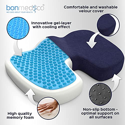 bonmedico Cojín de Asiento Ortopédico con Gel, Cojín Espuma de Memoria para Alivio del Dolor de Coxis, Presión, Úlceras, etc. para el Coche, Oficina o Silla de Ruedas, Estándar