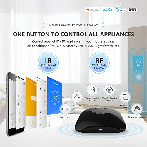 BroadLink RM4 Pro IR y RF Universal Remoto Todo en Uno Hub Aprendizaje Código WiFi Control Remoto para Smart Home y Dispositivos de Entretenimiento TV, STB, A/C, motor de cortina, Compatible con Alexa