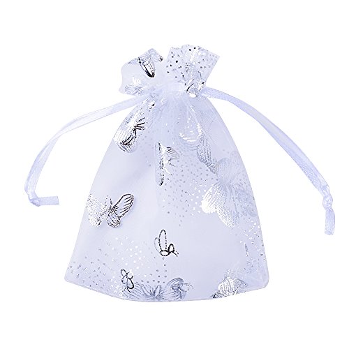 BUONDAC 100pcs Bolsas Bolsitas Organza Blancas Mariposas 9x12 cm Saquitos Arroz Regalo Joyas Caramelo Dulces Recuerdo Favores Detalles para Boda Fiesta Navidad Bautizo con Cintas