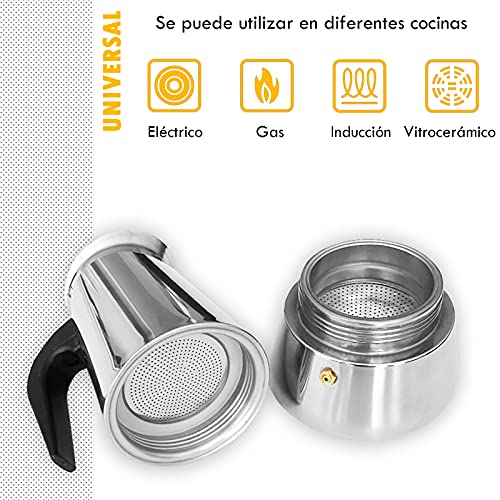 Cafetera italiana 9 tazas para induccion,gas y vitroceramica. De acero inoxidable, diseño ergonomico, portatil,estilo vintage, para uso domestico, oficina o al aire libre.