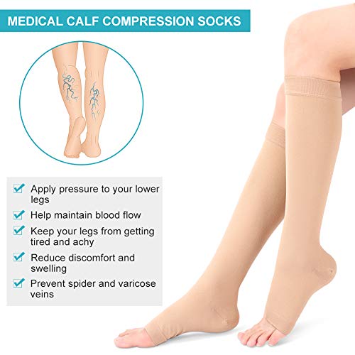 Calcetines de Compresión Mujeres Hombres, 20-30 mmHg Medias de Compresión Edema, Compresión de Gradiente Médico Clase 2, Punta Abierta, para Venas Varicosas, Hinchazón, Edema, 1 Par