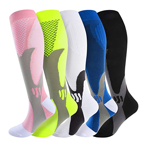 Calcetines de compresión para mujer y hombre, medias de carga, protección del tobillo para deporte, carreras, atletismo, trekking, viajes, volo, enfermeras, embarazo, 5 paires, S-M