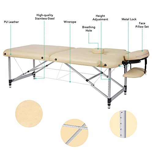 Camilla de masaje, cama de masaje, plegable, altura regulable, portátil, con 2 zonas, patas de aluminio, para masajes en casa, salón de belleza, estudio de masaje (hasta 250 kg), 213 x 90 cm