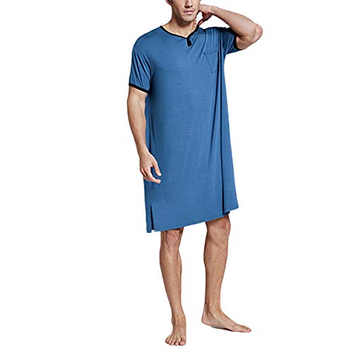 Camisón de algodón para Hombre Largo Pijama de Manga Corta Cuello en V cómodo Suave Holgado de Ajuste de Verano Ropa de Dormir para el Hospital en casa (Azul, XL)