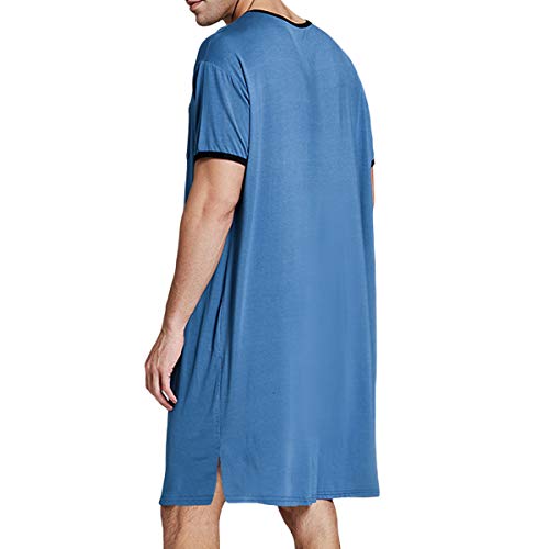 Camisón de algodón para Hombre Largo Pijama de Manga Corta Cuello en V cómodo Suave Holgado de Ajuste de Verano Ropa de Dormir para el Hospital en casa (Azul, XL)