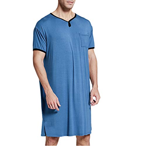 Camisón de algodón para Hombre Largo Pijama de Manga Corta Cuello en V cómodo Suave Holgado de Ajuste de Verano Ropa de Dormir para el Hospital en casa (Azul, XL)