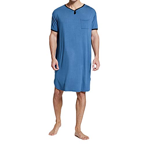 Camisón de algodón para Hombre Largo Pijama de Manga Corta Cuello en V cómodo Suave Holgado de Ajuste de Verano Ropa de Dormir para el Hospital en casa (Azul, XL)