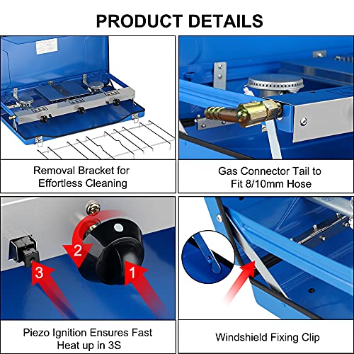 Camplux JK-5330 4.5kW Funciona con gas butano / propano, estufa de gas de tres quemadores, estufa de gas portátil para acampar para acampar o festivales
