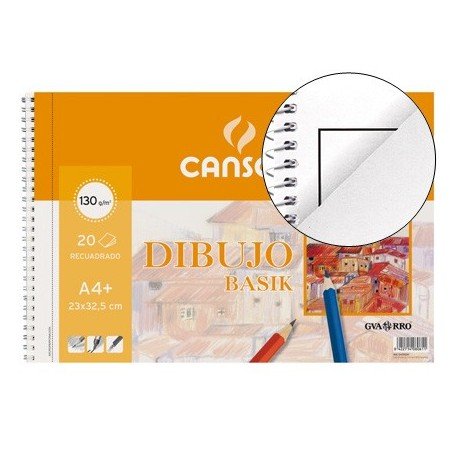 Canson Dibujo Basik Recuadro/Taladro, Álbum Espiral Microperforado, A4+ (23x32,5 cm) 20 Hojas 130g