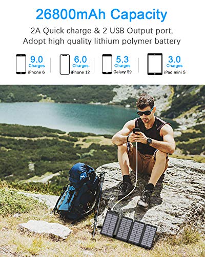 Cargador Solar 26800mAh, Elzle Power Bank Solar con 2 Salidas USB y 1 Entrada Micro USB, Impermeable Batería Externa con 4 Paneles Solar Linterna LED para iPhone Android Tabletas Cámara Viajes Camping