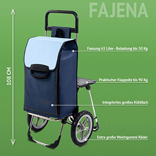 Carro de la compra Fajena azul con asiento plegable y compartimento refrigerador – 65 litros de volumen – Carro de la compra con asiento y grandes ruedas extraíbles