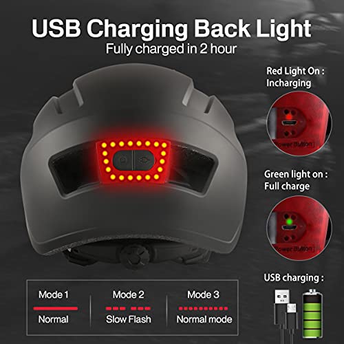 Casco de Bicicleta para Adultos Casco de Ciclismo con Luz USB Recargable para Viajeros Urbanos Scooter Eléctrico Certificado CE de Carretera de Montaña Ligero Ajustable para Hombres Mujeres(M)