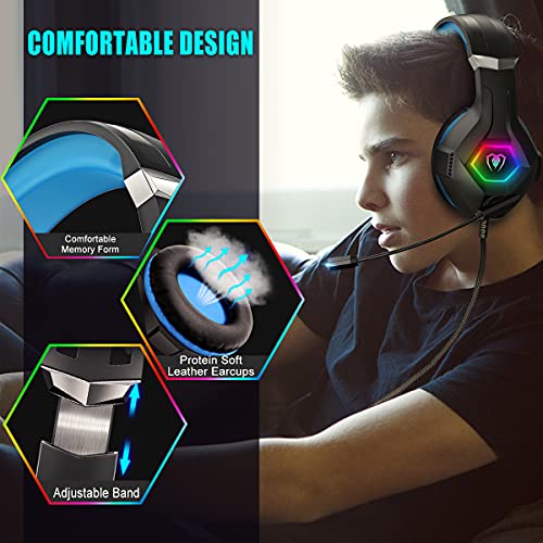 Cascos Gaming, Auriculares Gaming Con Micrófono Rotatorio, Luz RGB, Premium Stereo, Orejeras Ligero Cómodo, Para PS4 PS5 Xbox PC Switch Tableta Laptop