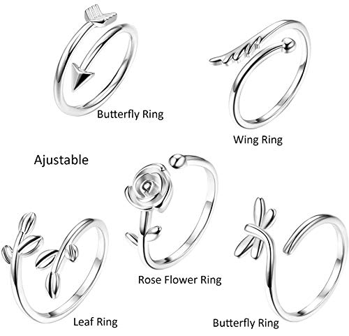 CASSIECA 5 Pcs Cobre Ajustable Anillo para Mujer Niña Ola Flor Alas Vintage Anillo Mariposa Simple Juego Anillo Compromiso Mariposa Joyeria