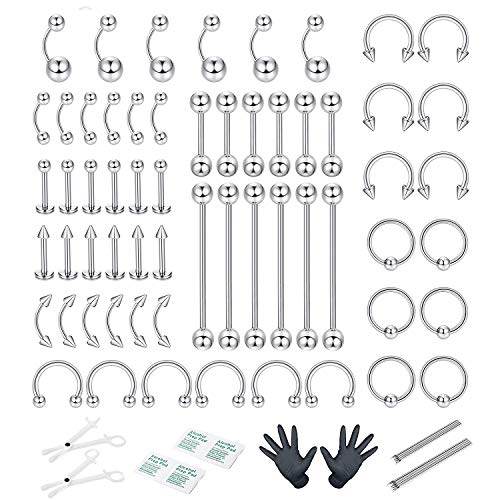 CASSIECA 60Pcs Acero Inoxidable Piercing Kit Piercing Anillo de Nariz para Mujeres Niñas Barbells Herradura Labios Piercing Lengua Ceja OmbligoTragus Body Piercing (con Herramientas)