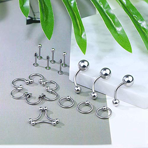 CASSIECA 60Pcs Acero Inoxidable Piercing Kit Piercing Anillo de Nariz para Mujeres Niñas Barbells Herradura Labios Piercing Lengua Ceja OmbligoTragus Body Piercing (con Herramientas)