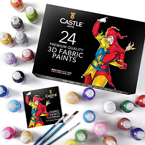 Castle Art Supplies Juego de pintura en lienzo en 3D. 24 botellas de 29ml de colores brillantes para ropa, lienzo, vidrio y madera