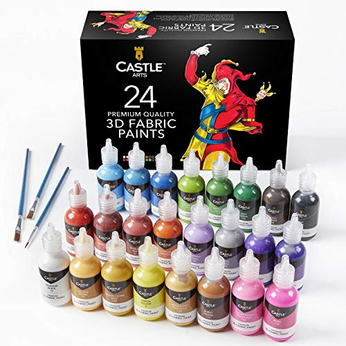 Castle Art Supplies Juego de pintura en lienzo en 3D. 24 botellas de 29ml de colores brillantes para ropa, lienzo, vidrio y madera