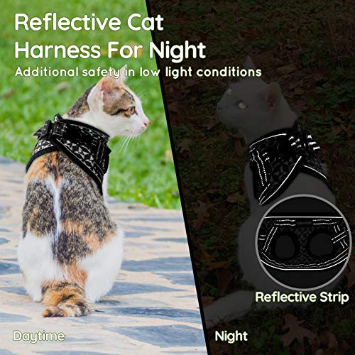 CatRomance Arnés para Gato Ajustable y Antifugas con Correa de 150 cm, Arnés Gato Reflectante de Tela de Malla Suave y Transpirable para Correr, Entrenamiento, Gatos Mediano y Adultos, Negro, M