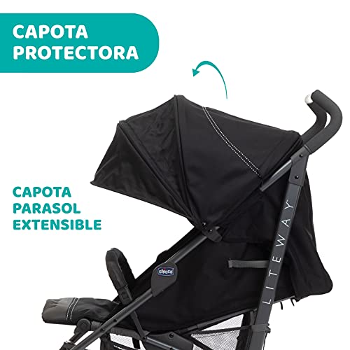 Chicco Liteway 3 Silla Paseo Ligera y Plegable desde 0 Meses hasta 22 Kg, Carrito de Bebé Compacto y Reclinable, Posición para Dormir, Cierre Tipo Paraguas y Capota Convertible, Negro (Jet Black)