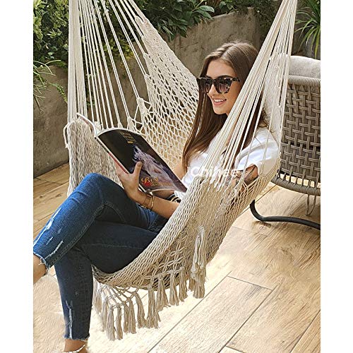 Chihee Silla de Hamaca Silla Colgante supergrande Silla de Tejido de Cuerda de algodón Hilado Suave, Barra separadora de Madera Dura Silla Ancha de Encaje Silla giratoria Jardín al Aire Libre