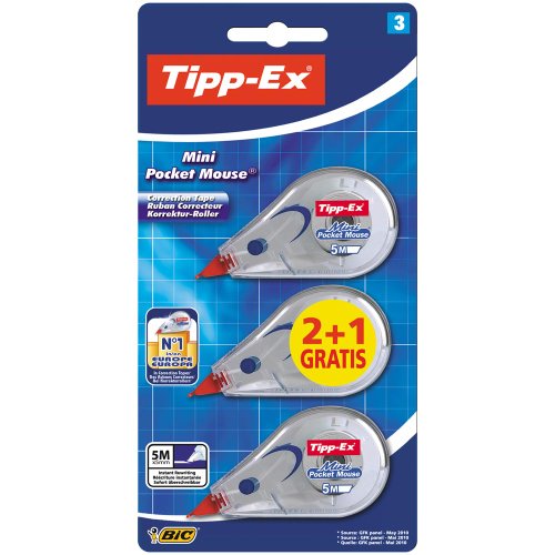 "Cinta correctora Tipp-Ex Mini Pocket Mouse - Corrector de bolígrafo óptimo para la oficina - 6 m x 5 mm, Pack de 2+1"