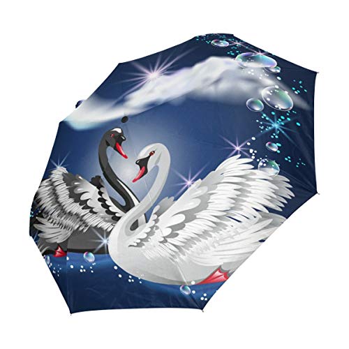 Cisne Grúa Blanco Negro Paraguas Plegable Hombre Automático Abrir y Cerrar Antiviento Protección UV Ligero Compacto Paraguas para Viajes Playa Mujeres Niños Niñas