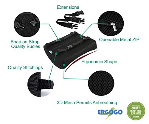 Cojín de espuma de memoria para el soporte lumbar, cojín de viaje transportable con funda de malla en 3D, protector ortopédico, negro, para masajear y aliviar el dolor, de Ergogo