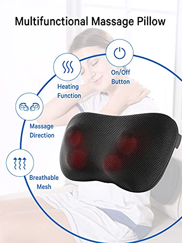 Cojín de Masaje de Espalda, Hombros y Cuello con Función de Calentamiento, Cabezal de Masaje Giratorio 3D Cojín Masajeador Shiatsu, Adecuado para Masaje de Cuello en Casa