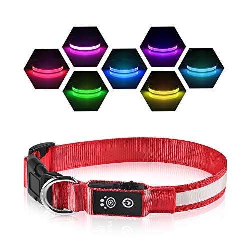 Collar Luminoso Perro Recargable 7 Colores Intercambiables Collar Luminoso LED Perro Impermeable Ajustable SúPer Brillante para Perros Grandes Medianos PequeñOs - Rojo L