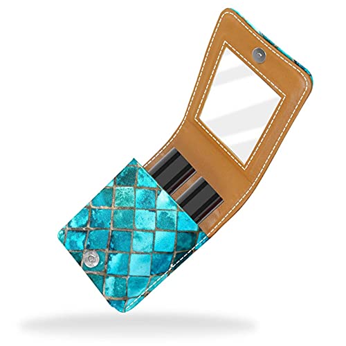 ColorMu Estuche para lápiz Labial,Leather Lipstick Case con Espejo Escamas de Pescado Azul de cuadrícula