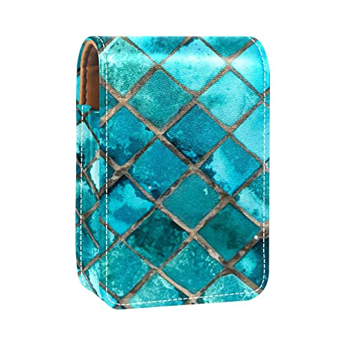 ColorMu Estuche para lápiz Labial,Leather Lipstick Case con Espejo Escamas de Pescado Azul de cuadrícula