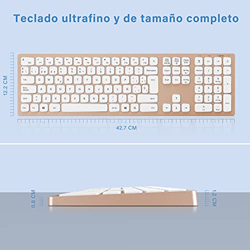 Combo de Teclado y Ratón Inalámbricos Retroiluminados, Recargable, 2.4 GHz USB (QWERTY Español Ñ), Teclado Diseño Compacto para PC, Ordenador portátil,Windows, Oro Rosa