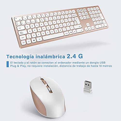 Combo de Teclado y Ratón Inalámbricos Retroiluminados, Recargable, 2.4 GHz USB (QWERTY Español Ñ), Teclado Diseño Compacto para PC, Ordenador portátil,Windows, Oro Rosa