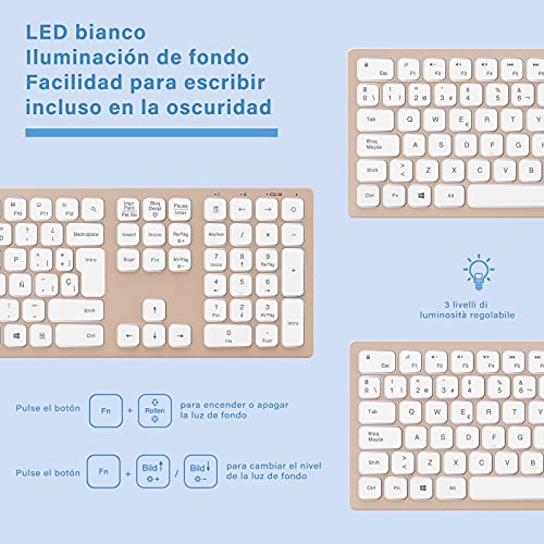 Combo de Teclado y Ratón Inalámbricos Retroiluminados, Recargable, 2.4 GHz USB (QWERTY Español Ñ), Teclado Diseño Compacto para PC, Ordenador portátil,Windows, Oro Rosa